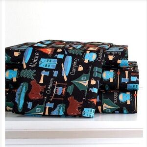 Kids Sheet Set-Campsite Retro Camp Print 3Pc. Set NAVY BLUE-TWIN